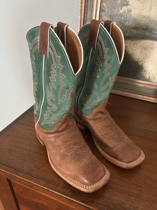 Justin Boots - Turquoise & Tan Leather Cowboy Boots - Picture 2 of 5